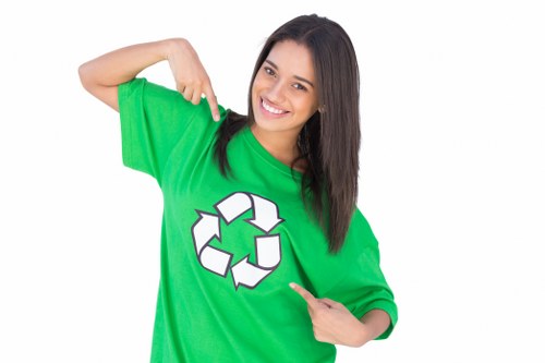 The image depicts a young woman with long, straight dark hair and a friendly expression, smiling while pointing at herself with her right hand and wearing a bright green T-shirt featuring a large white recycling symbol in the center. She is set against a plain white background, with her left arm bent at the elbow and her hand resting on her chest, emphasizing the environmentally conscious message of recycling. The vibrant green of her T-shirt stands out clearly, and her overall posture and gesture convey a positive and responsible attitude towards waste management and recycling. This visual can be associated with environmentally focused waste and rubbish removal initiatives, aligning with eco-friendly efforts often promoted by companies such as Garden Clearance Deptford. The image emphasizes sustainability and environmentally aware practices, relevant to rubbish collection and garden clearance services in the Deptford area, which are part of local waste management solutions.